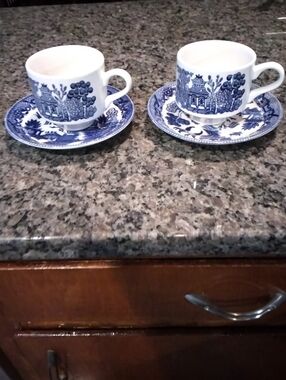 Blue Willow Porcelain Cup and Saucer Set - Blue and White